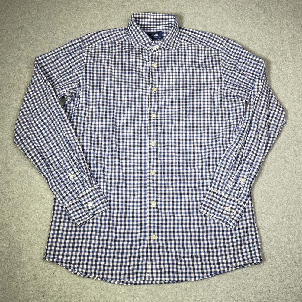 Eton Contemporary  Cotton Linen Gingham Button Front Shirt Men's Size 40 15 3/4